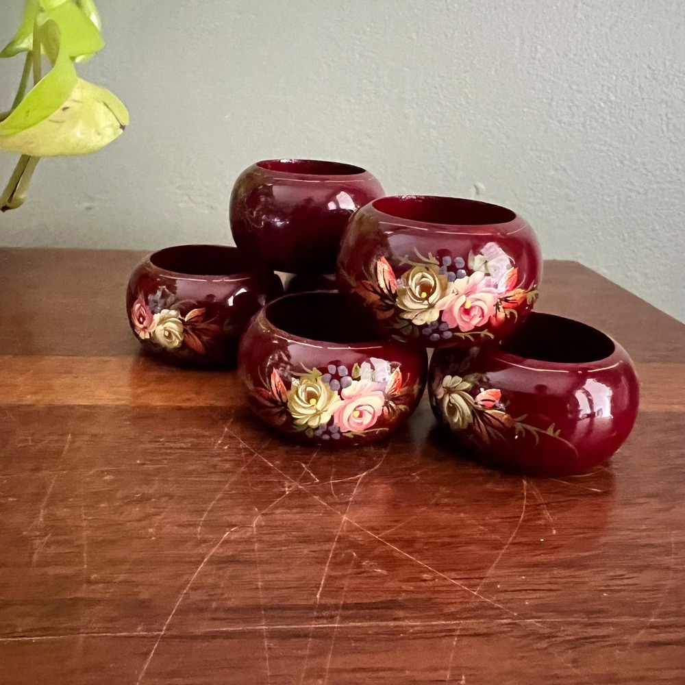 Vintage Lacquered Wood Napkin Rings Hand Painted Floral Set of 6